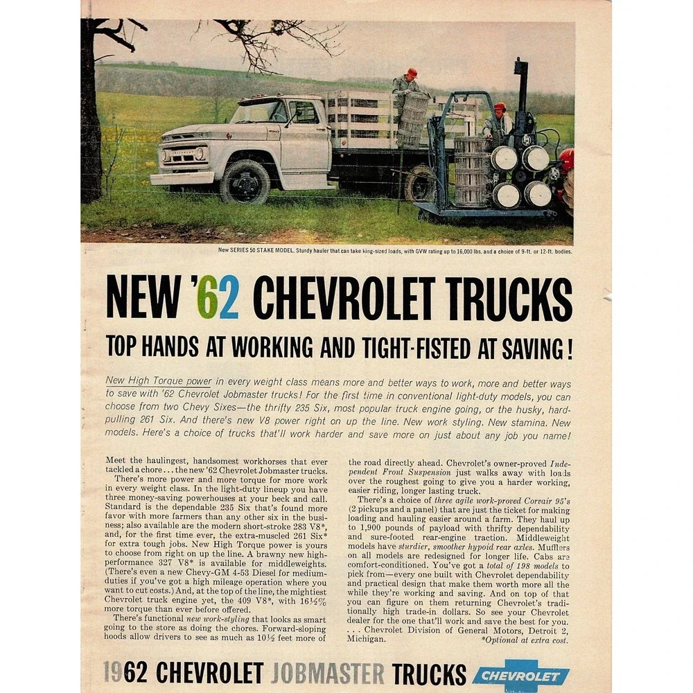 1962 VTG Ad Chevy Series 50 Stake Model Pickup Truck Jobmaster Diesel Corvair